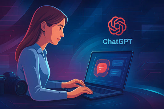 Illustration of a female photographer using ChatGPT on a laptop – blog cover for ChatGPT tips for photographers