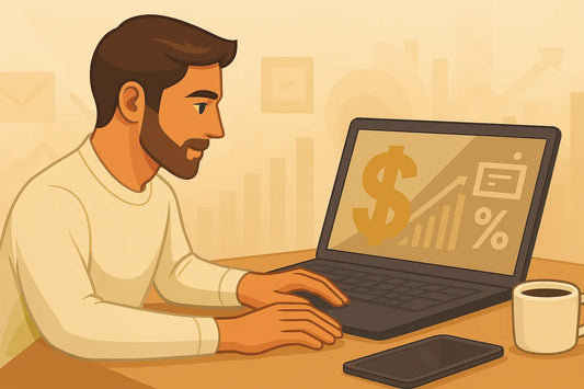 Illustration of photographer working on laptop with dollar sign and income growth chart – blog cover for passive income ideas