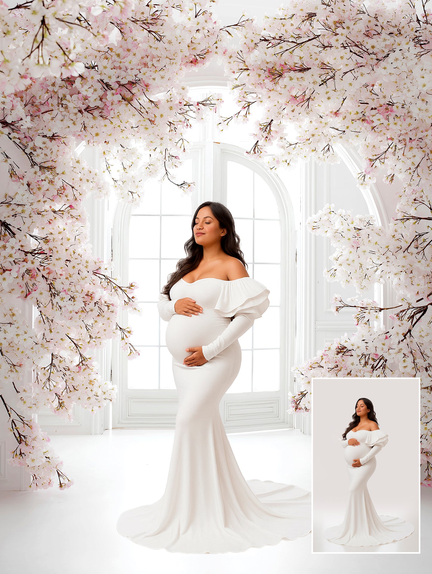 Elegant backlit French doors digital backdrops with white florals