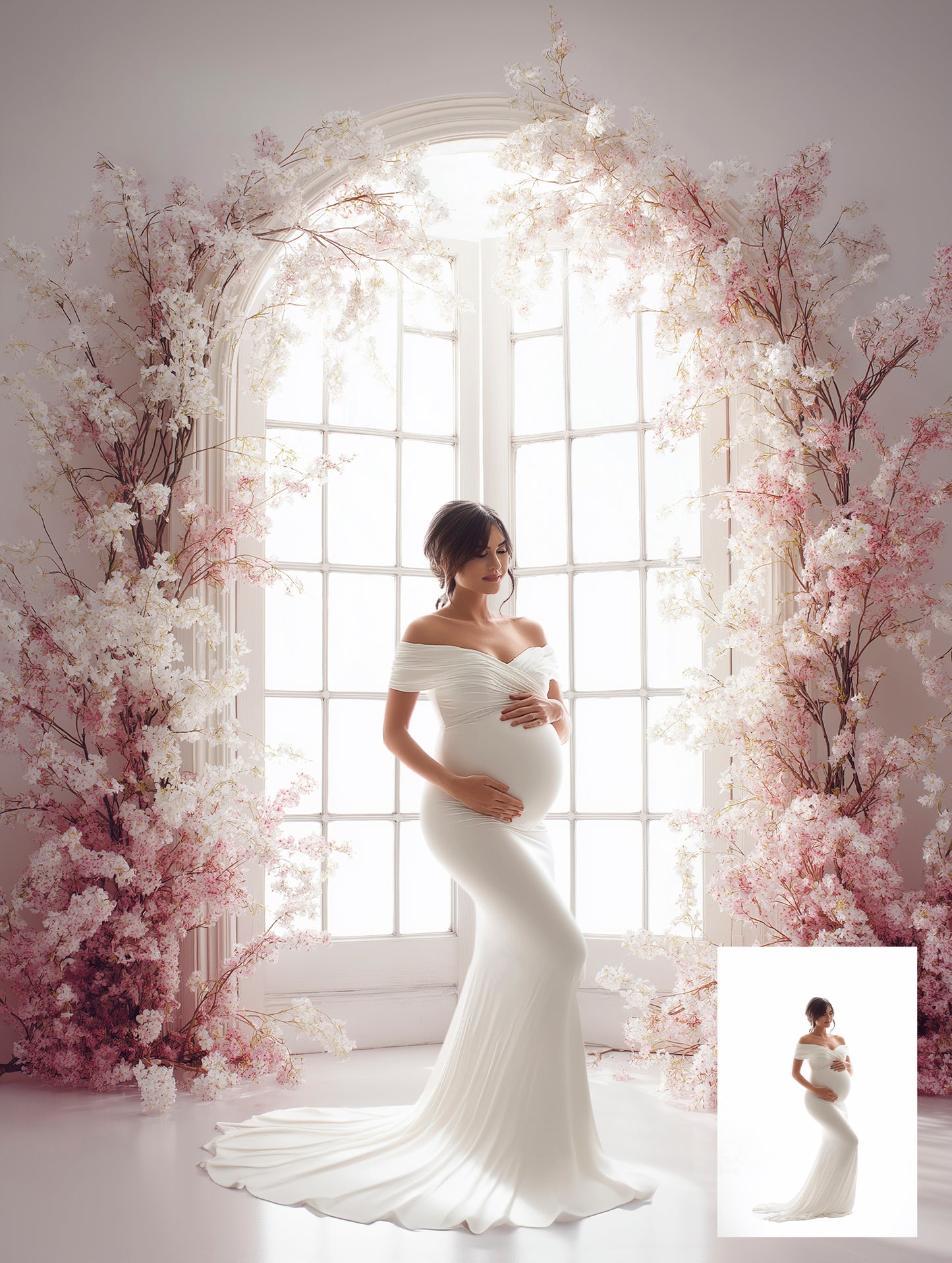 Elegant backlit French doors digital backdrops with white florals