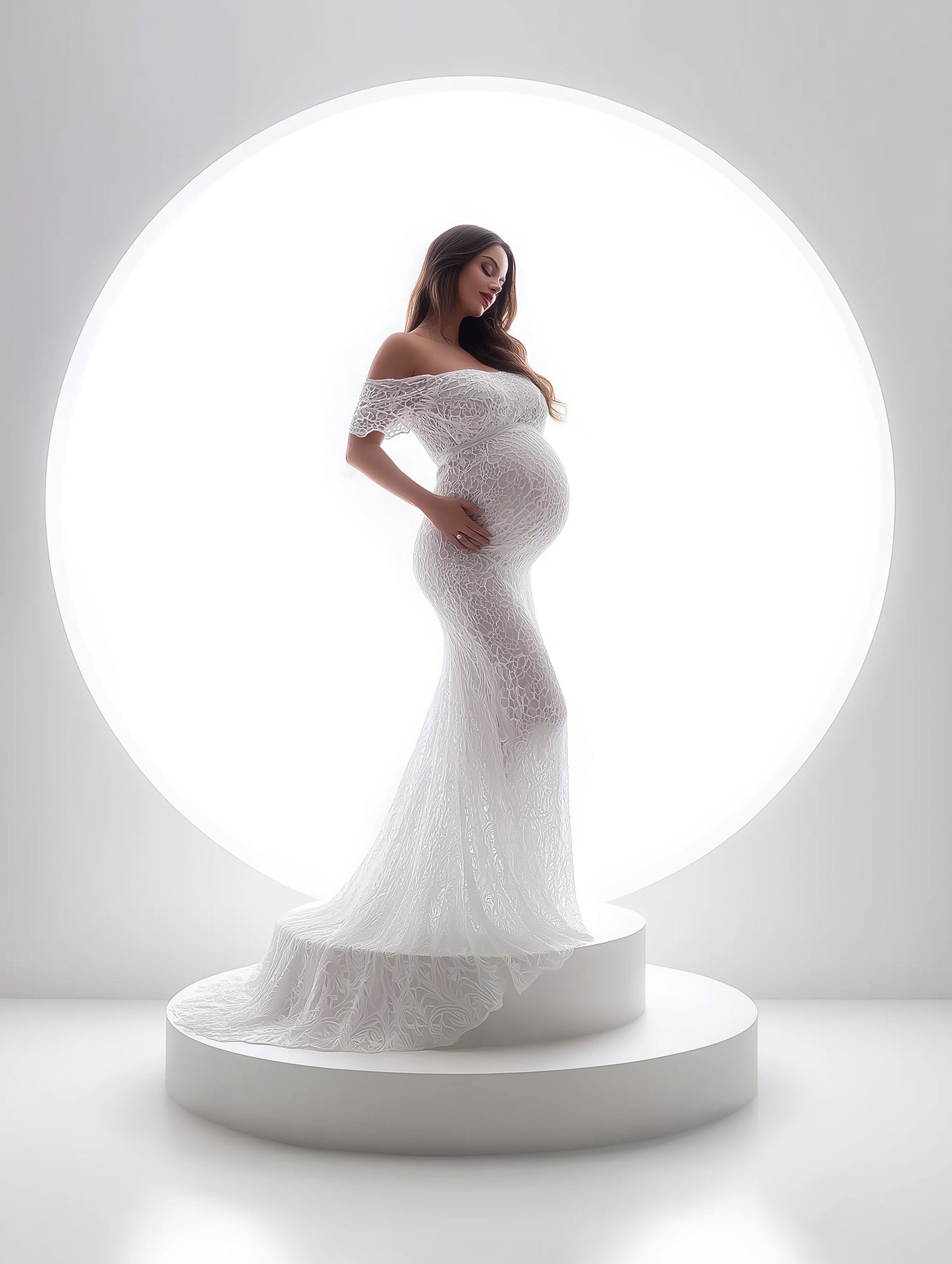 Fine art portrait backdrop with backlit white podium