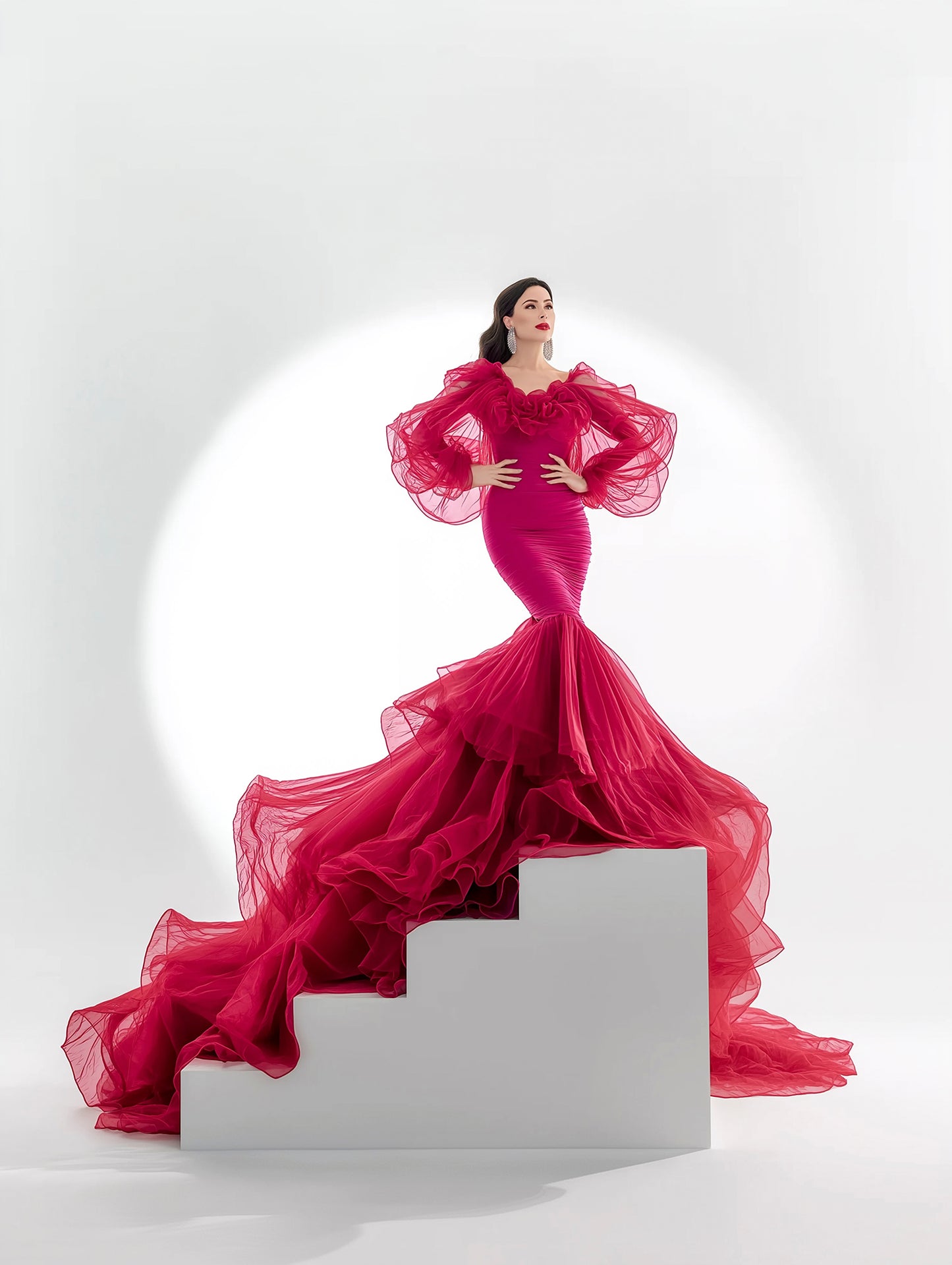Backlit podium digital backdrop for portrait photography - red dress