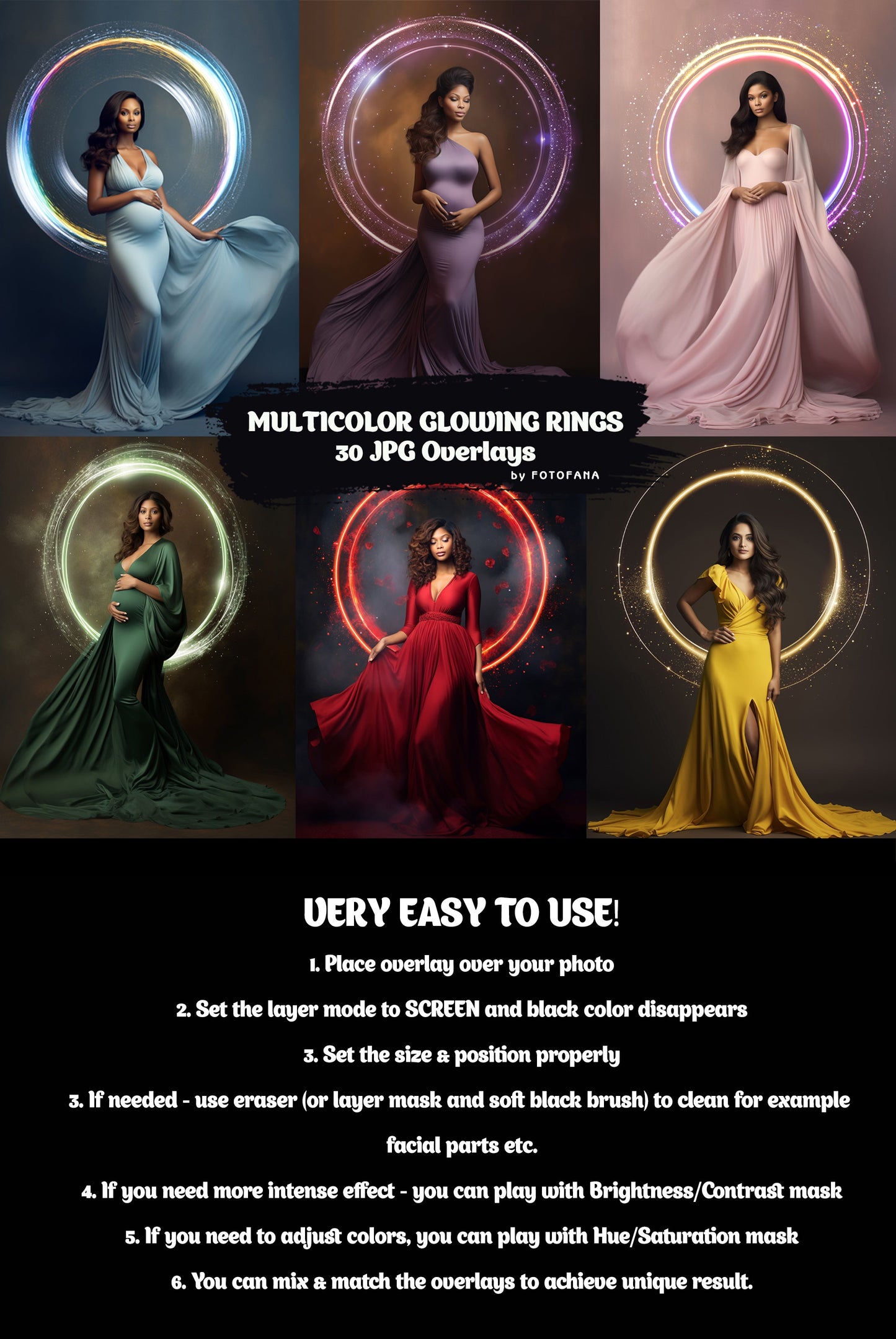 30 Multicolor Glowing rings Lights Overlays Maternity Rings Circle Overlays Maternity Light Ring Circles Shine Ring Light Maternity Backdrop