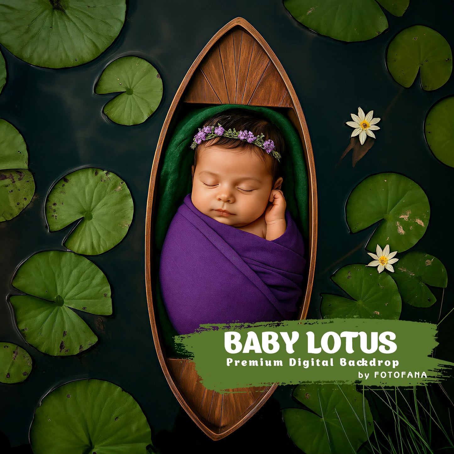 Newborn digital backdrop with lotus pond and baby in boat