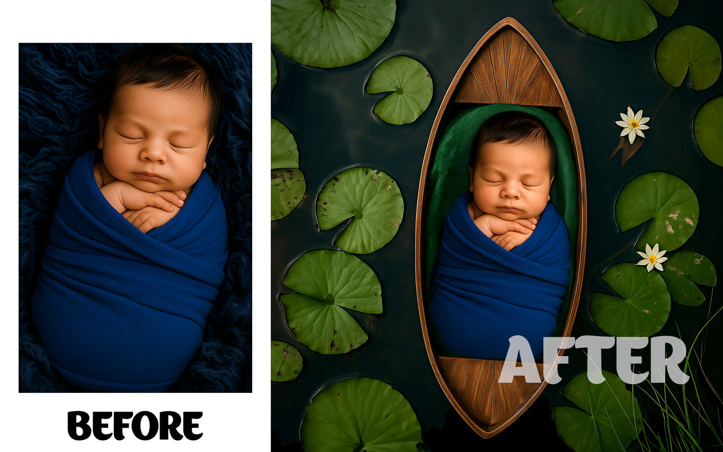Newborn digital backdrops with lotus pond and baby in boat