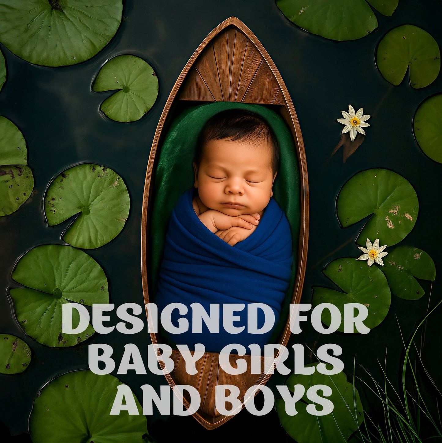 Newborn digital backdrop with lotus pond and baby in boat