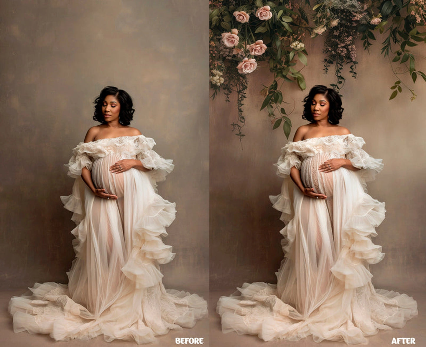 Before and after example – floral wall digital backdrop with pink roses for maternity photo editing