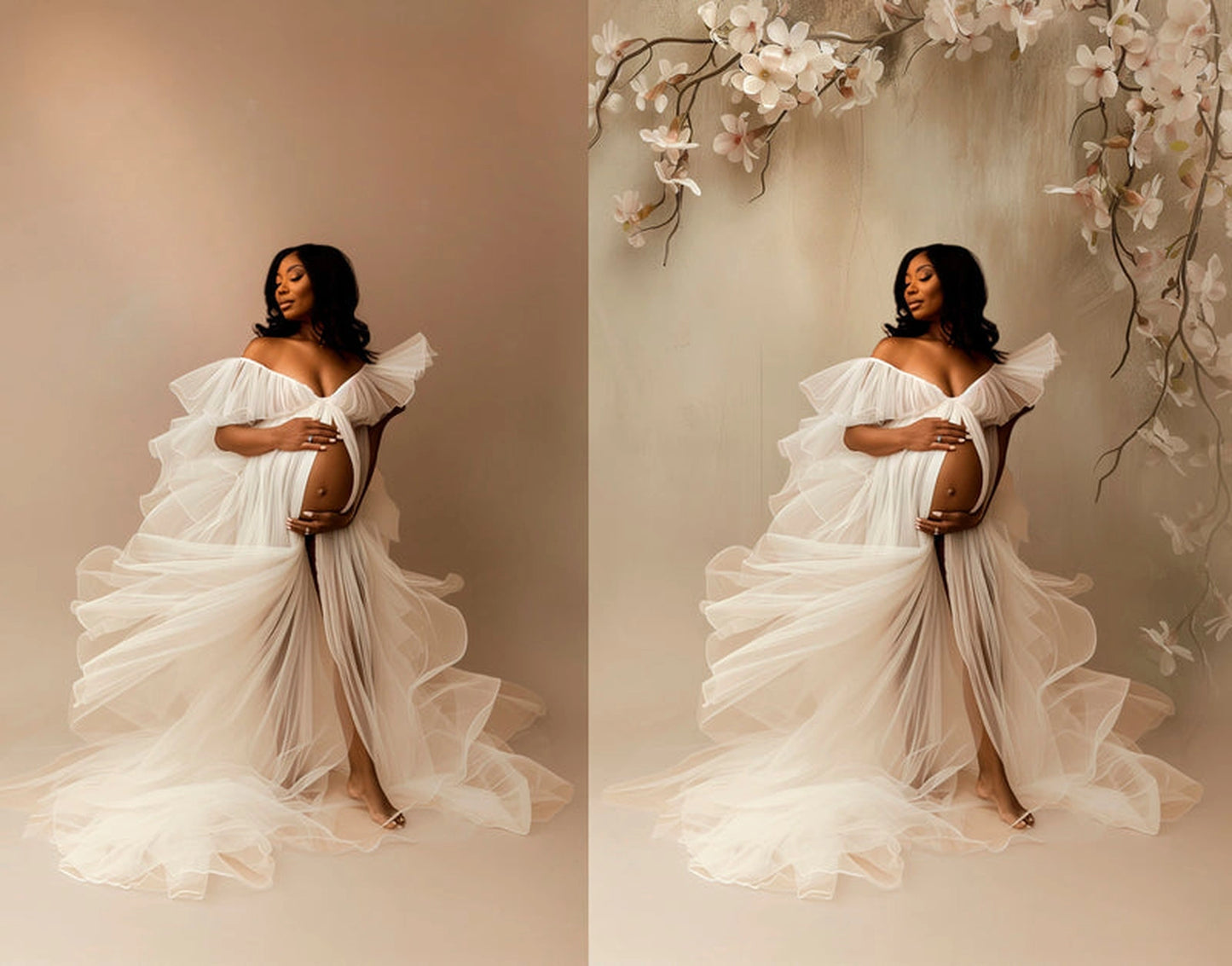 Before and after – vintage rose floral wall digital background applied to maternity portrait