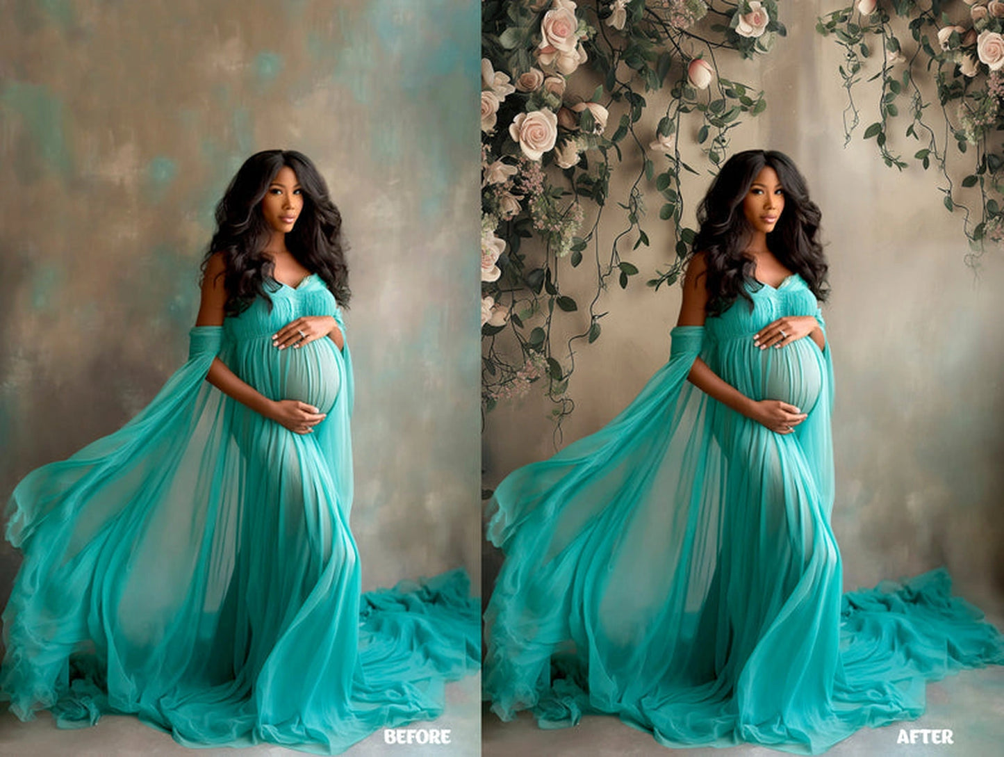 Before and after – white blossom floral backdrop for pregnancy photo editing