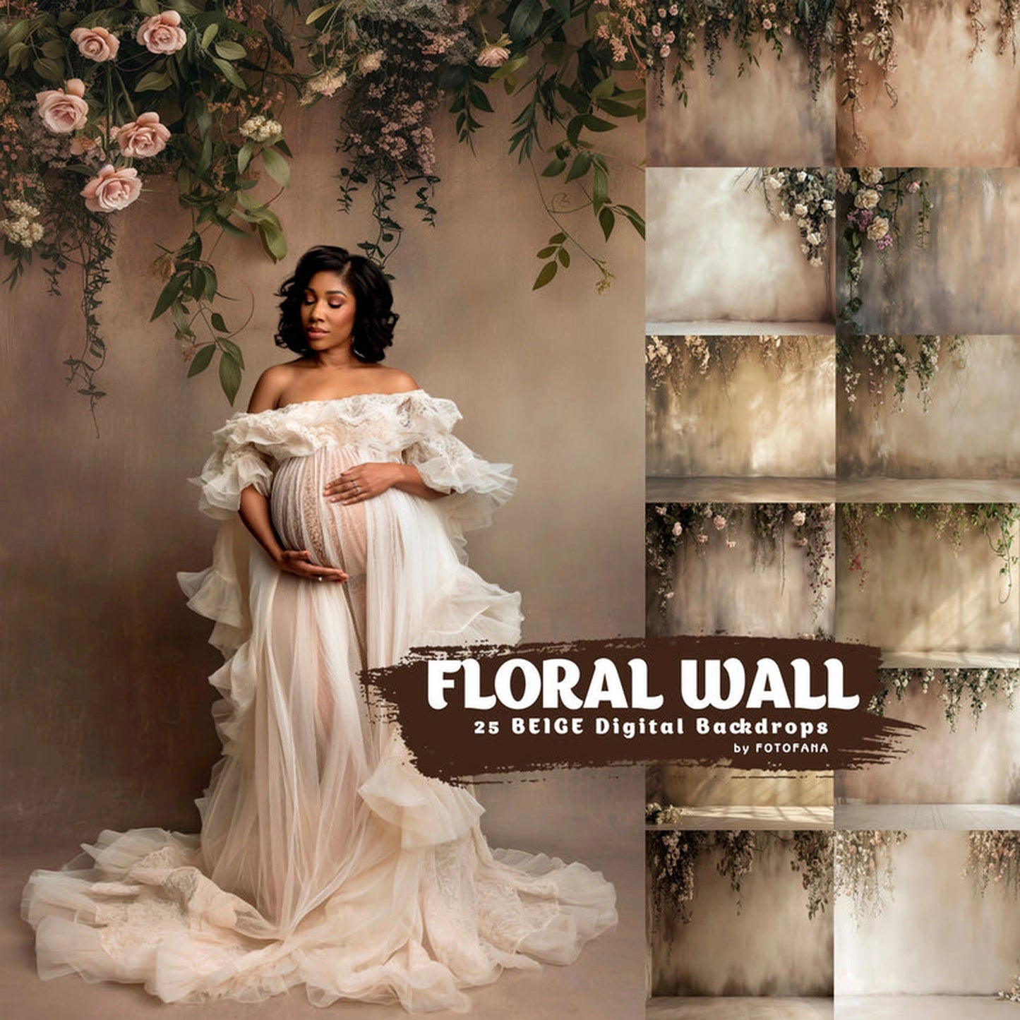Floral wall digital backgrounds – beige tones for studio photography