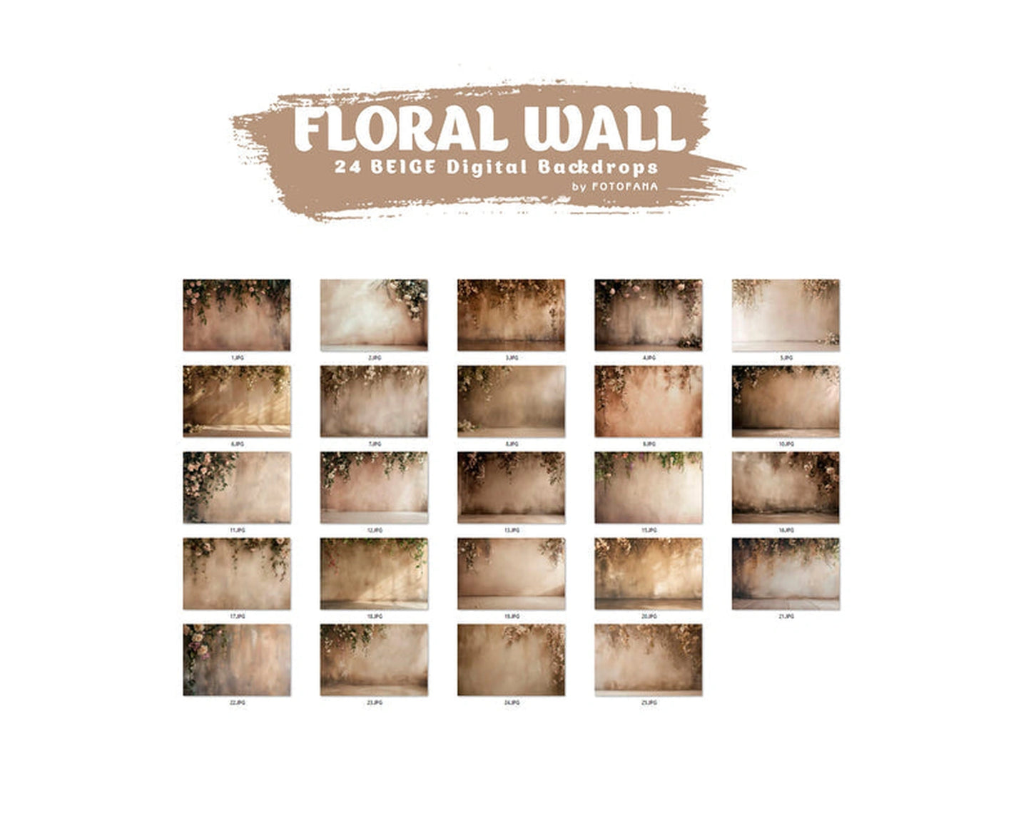 Overview of 24 beige floral digital backdrops for maternity and newborn photography