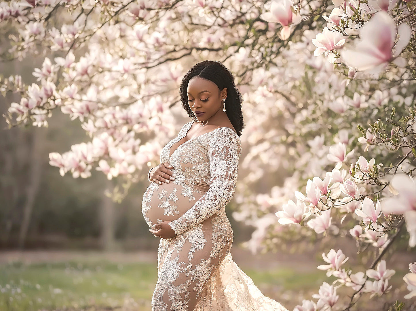 Soft pink magnolia trees in bloom – spring digital backdrop for maternity portrait composites