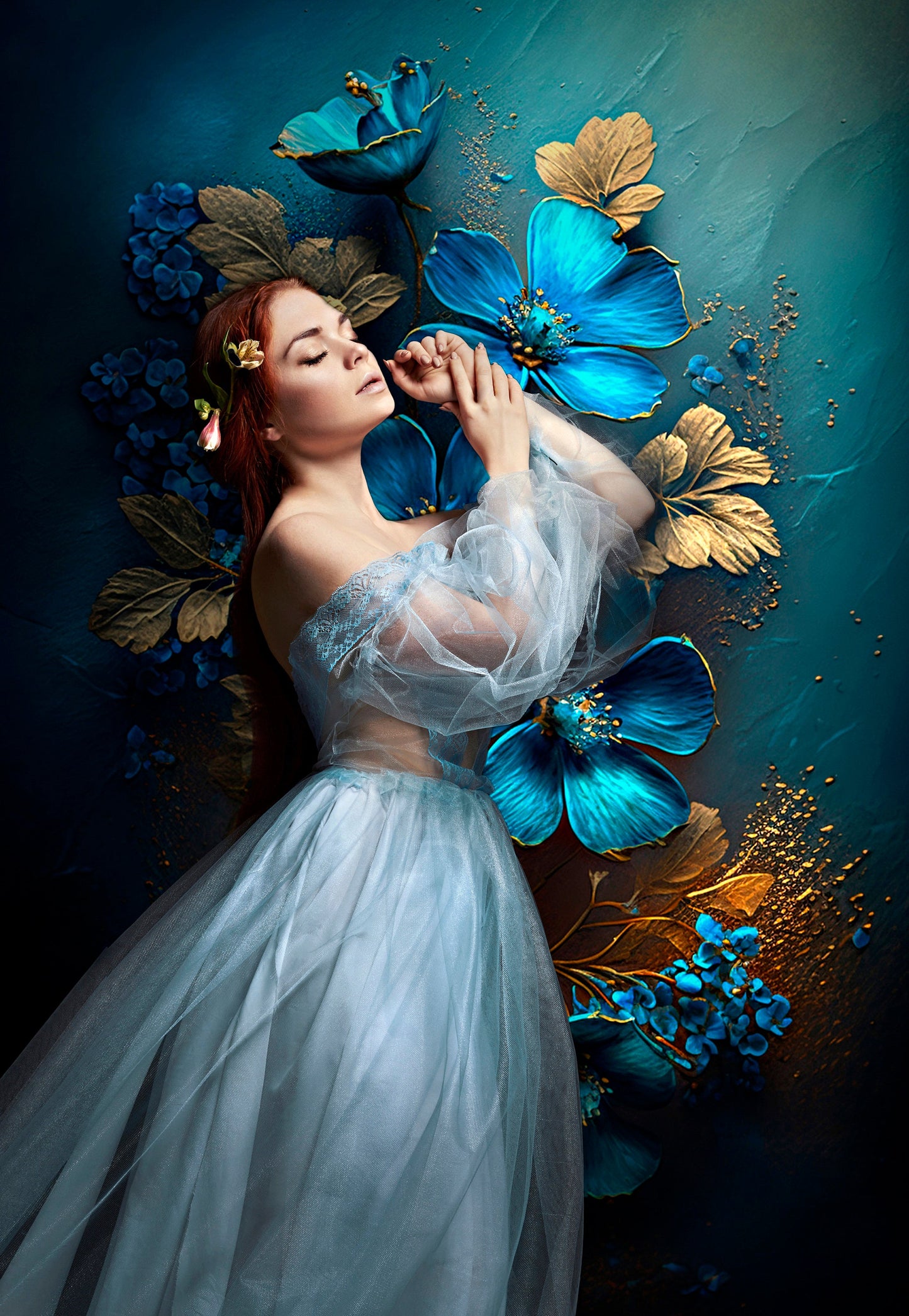 Gold & Blue Floral Fine Art Textures, Flower Background, Photoshop Overlays, Photo Texture, Photo Overlay, Maternity Backdrop, Digital JPG