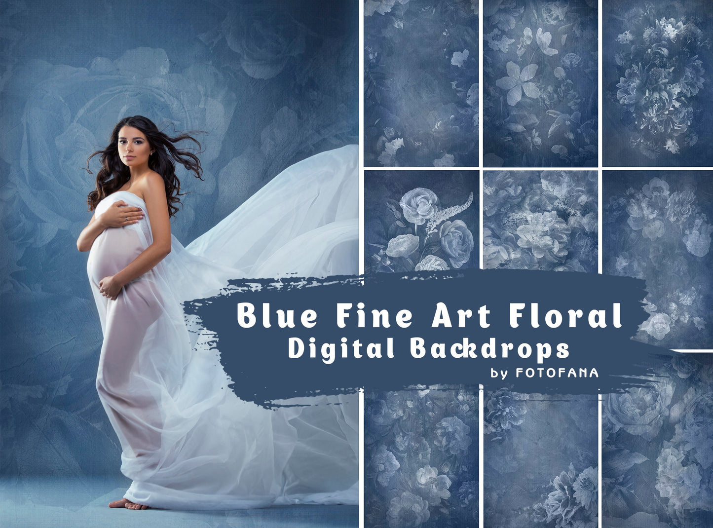 9 Blue Fine Art Floral Digital Background, Digital Overlays, Photoshop Overlays editing, Textures overlays, Maternity newborn Overlay