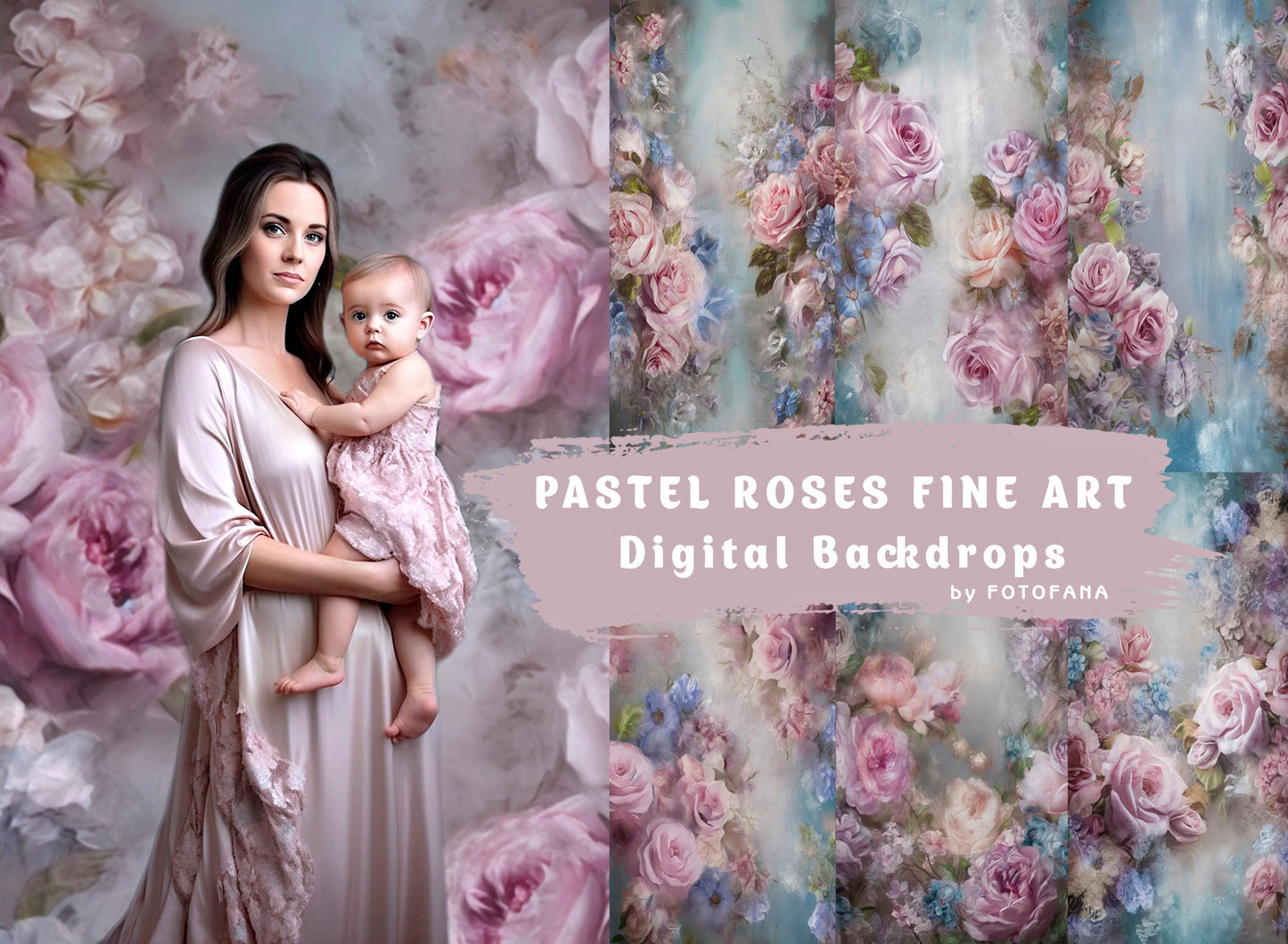 Pastel Roses Floral Fine Art Digital Backdrop Maternity Backdrop Overlays Photography Digital Background Maternity Overlay Photoshop Texture