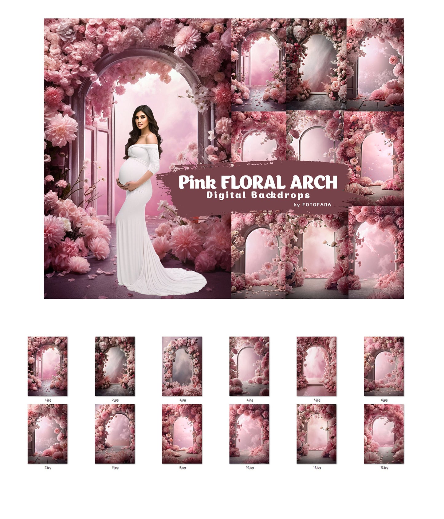 Floral Arch Digital Backdrops Flower Maternity Backdrop Overlays Studio Backdrop Overlays Fine Art Textures Pink Flower Photoshop Overlays