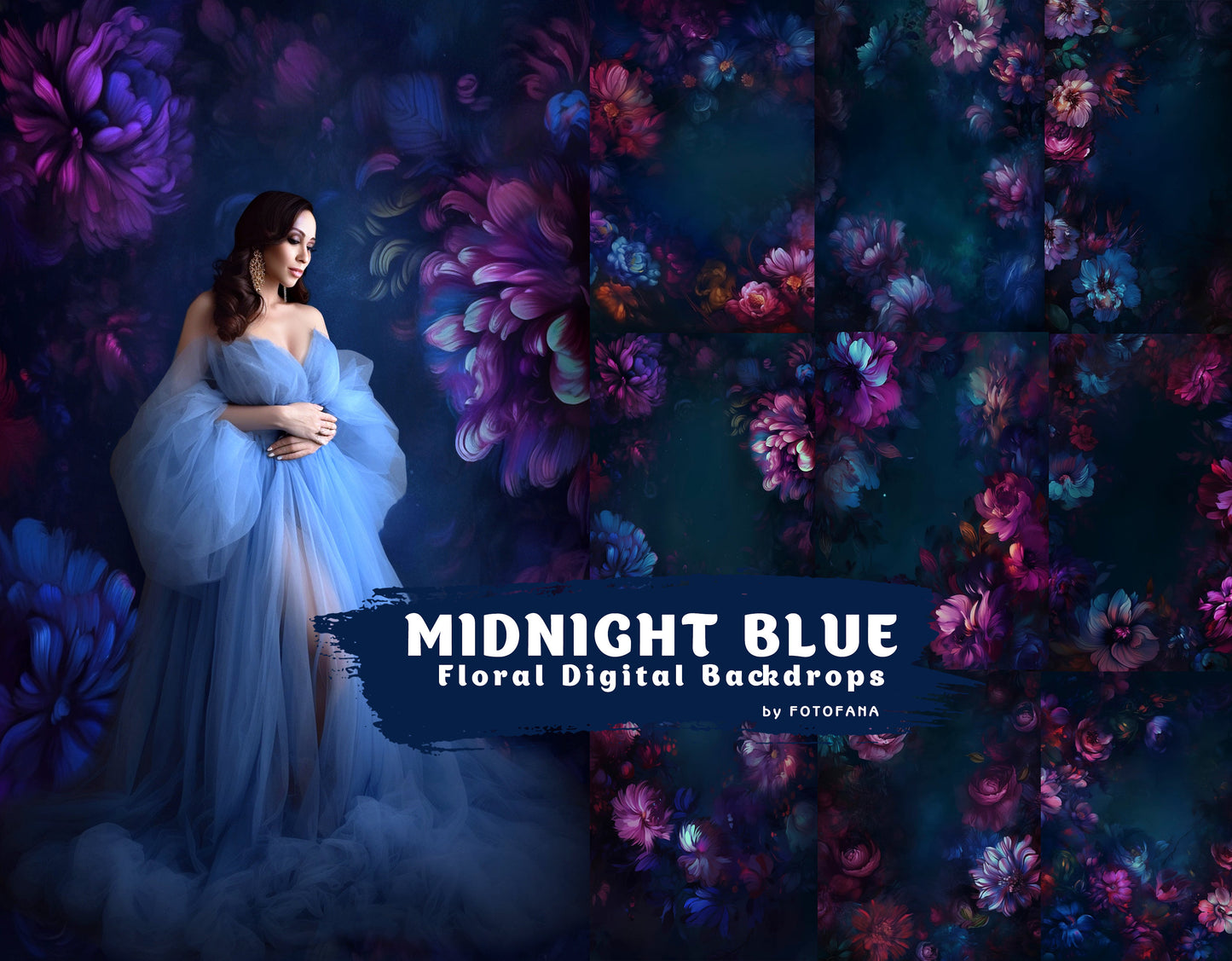Midnight Blue Floral Fine Art Floral Digital Backdrops Maternity Backdrop Overlay Photography Digital Background Overlays Photoshop Textures