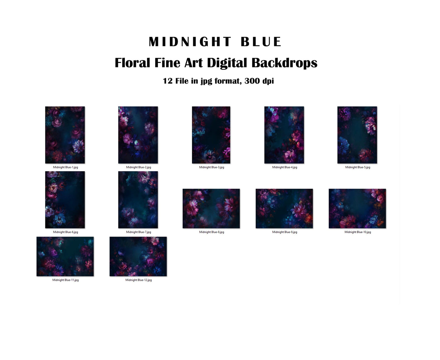 Midnight Blue Floral Fine Art Floral Digital Backdrops Maternity Backdrop Overlay Photography Digital Background Overlays Photoshop Textures