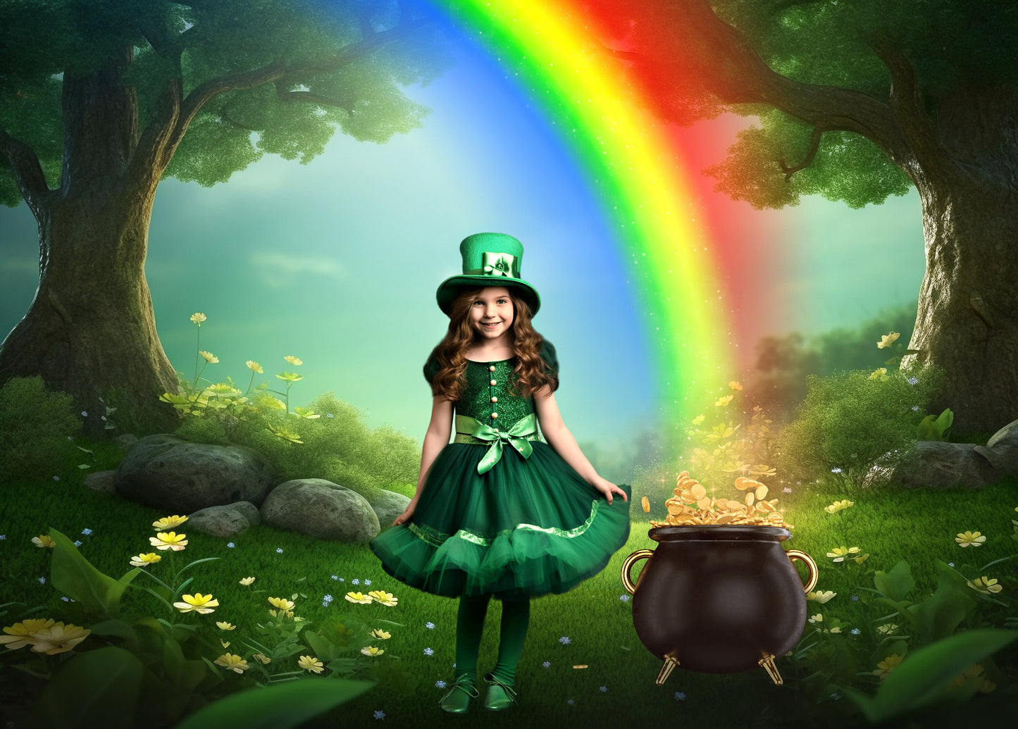 St Patricks Day Digital Background for Composite Photography Pot of Gold and Rainbow Digital Backdrop for Photoshop Irish Digital Background