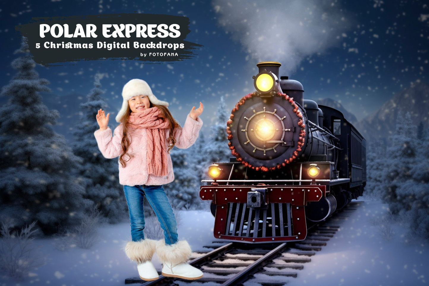 5 Christmas Digital Backdrop Polar Express Goind To Santa's Workshop Snow Winter Background Digital Holiday Photography North Pole Train JPG