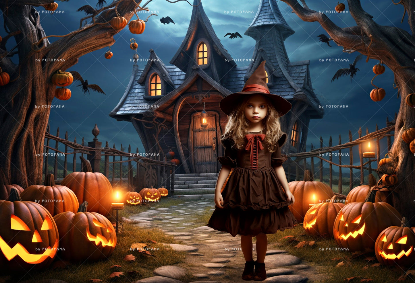 Halloween Digital Backdrop Spooky Haunted House Background Halloween Autumn Path Overlay with Pumpkins Halloween Composite Instant Download
