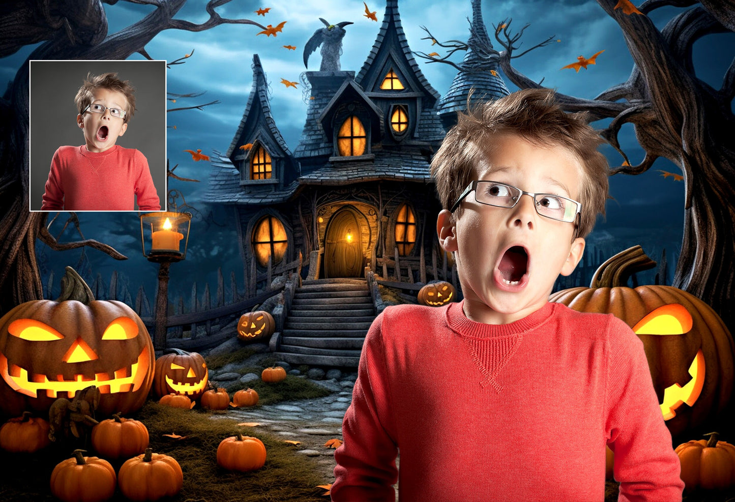 Halloween Digital Backdrop Spooky Haunted House Background Halloween Autumn Path Overlay with Pumpkins Halloween Composite Instant Download