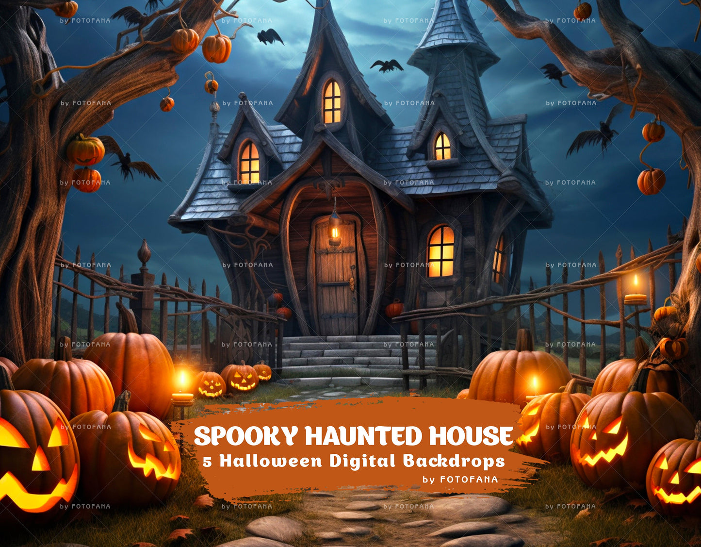 Halloween Digital Backdrop Spooky Haunted House Background Halloween Autumn Path Overlay with Pumpkins Halloween Composite Instant Download