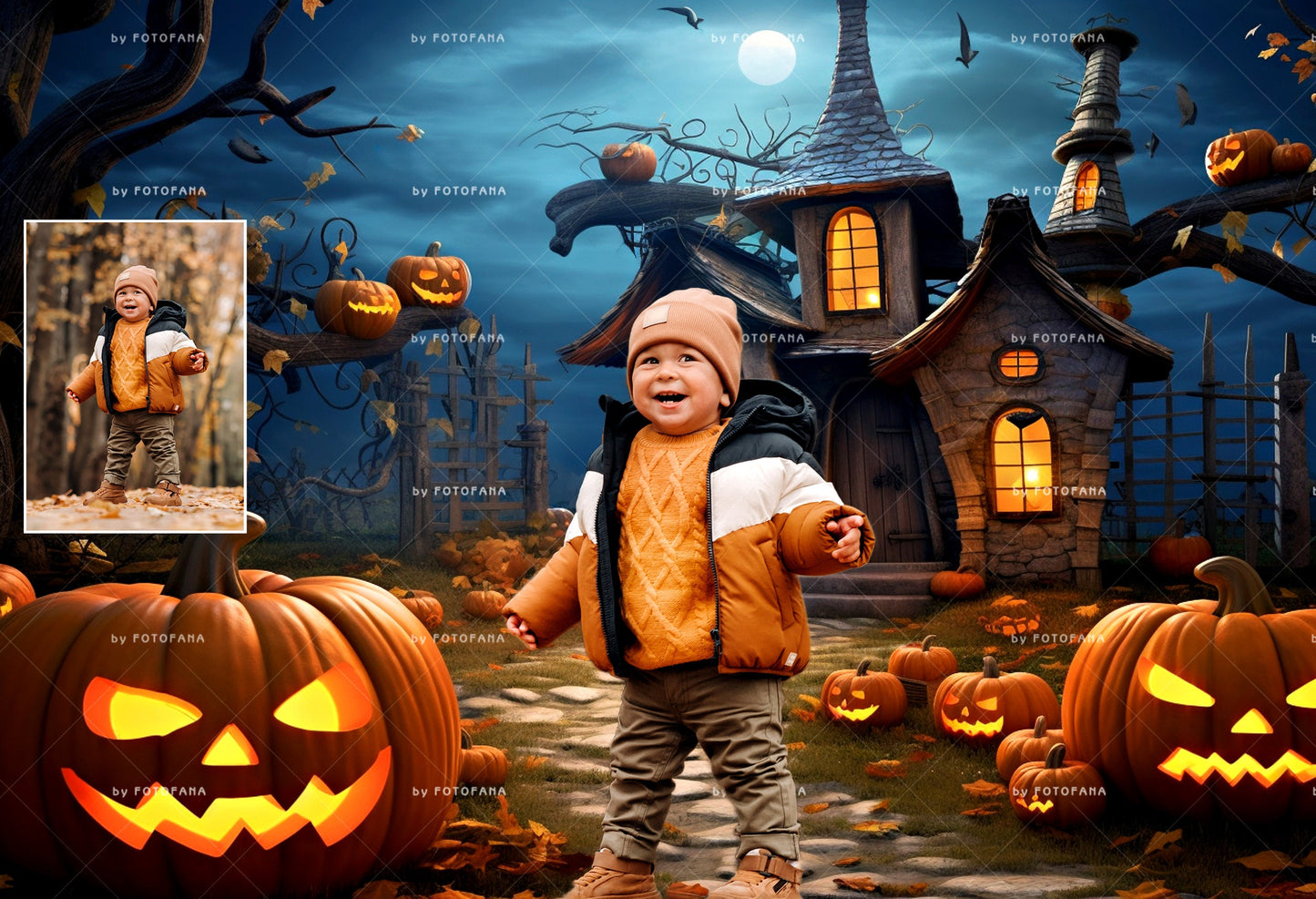 Halloween Digital Backdrop Spooky Haunted House Background Halloween Autumn Path Overlay with Pumpkins Halloween Composite Instant Download
