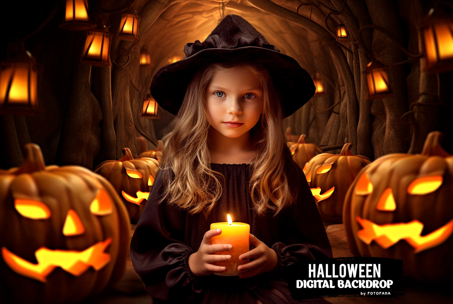 Glowing pumpkins in dark Halloween digital backdrop