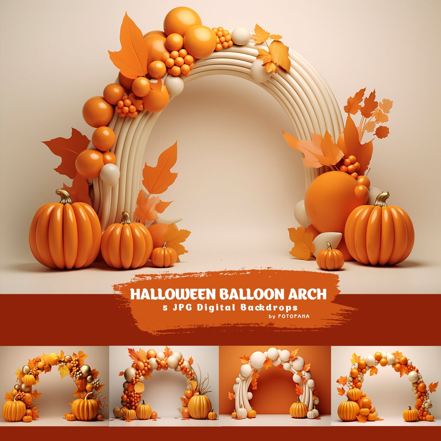 Halloween balloon arch studio backdrop with pumpkins