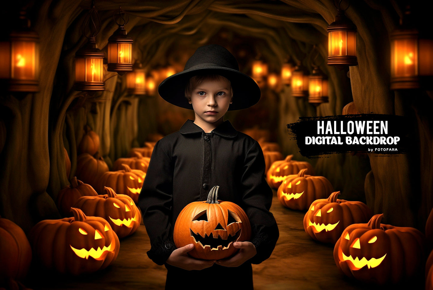 Pumpkin arch and autumn path Halloween backdrop