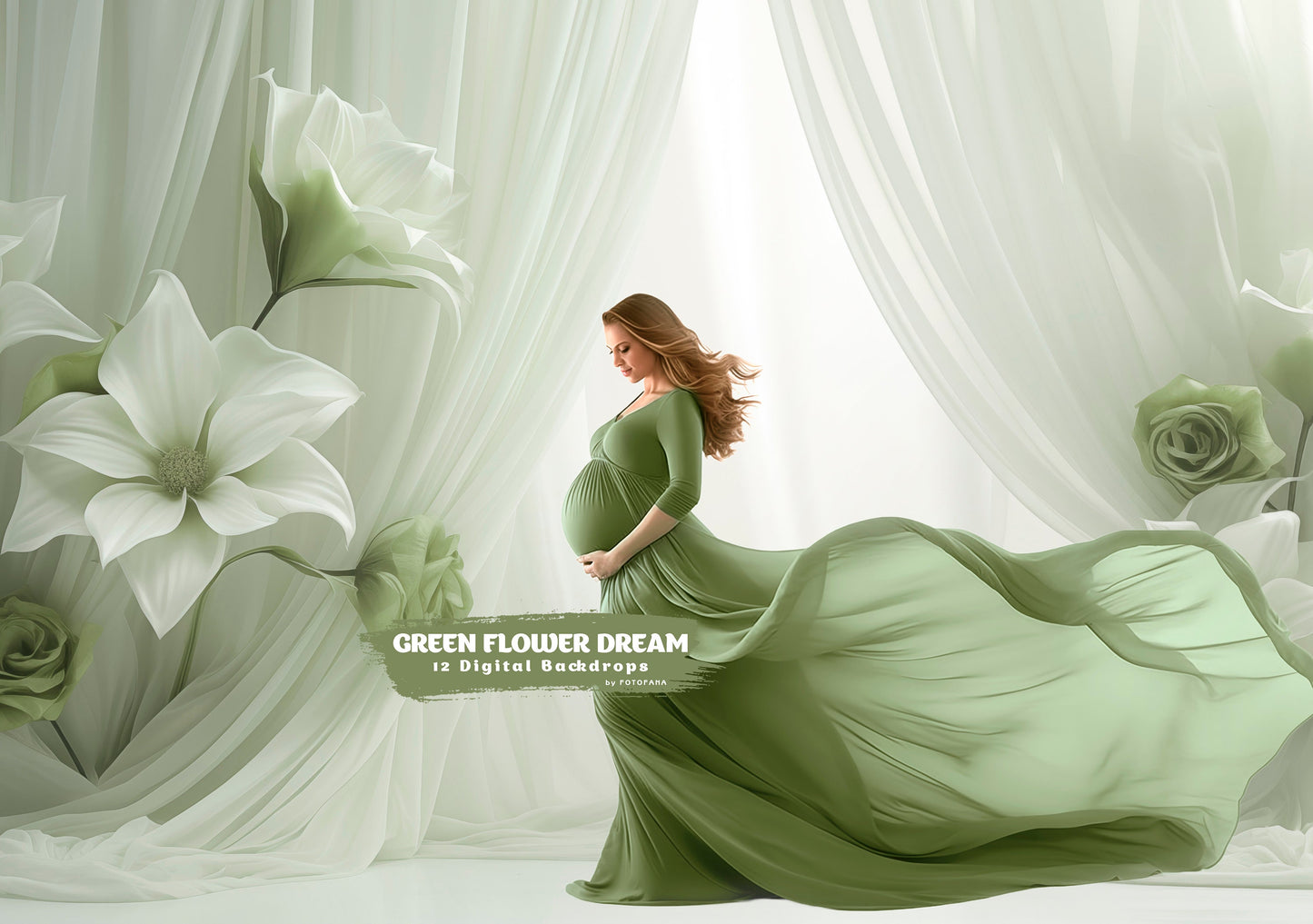 12 Green Flower Dream Floral Digital Backdrop Maternity Overlays Silk Digital Backdrops Photoshop Digital Tulle Overlays Fabric Backdrop