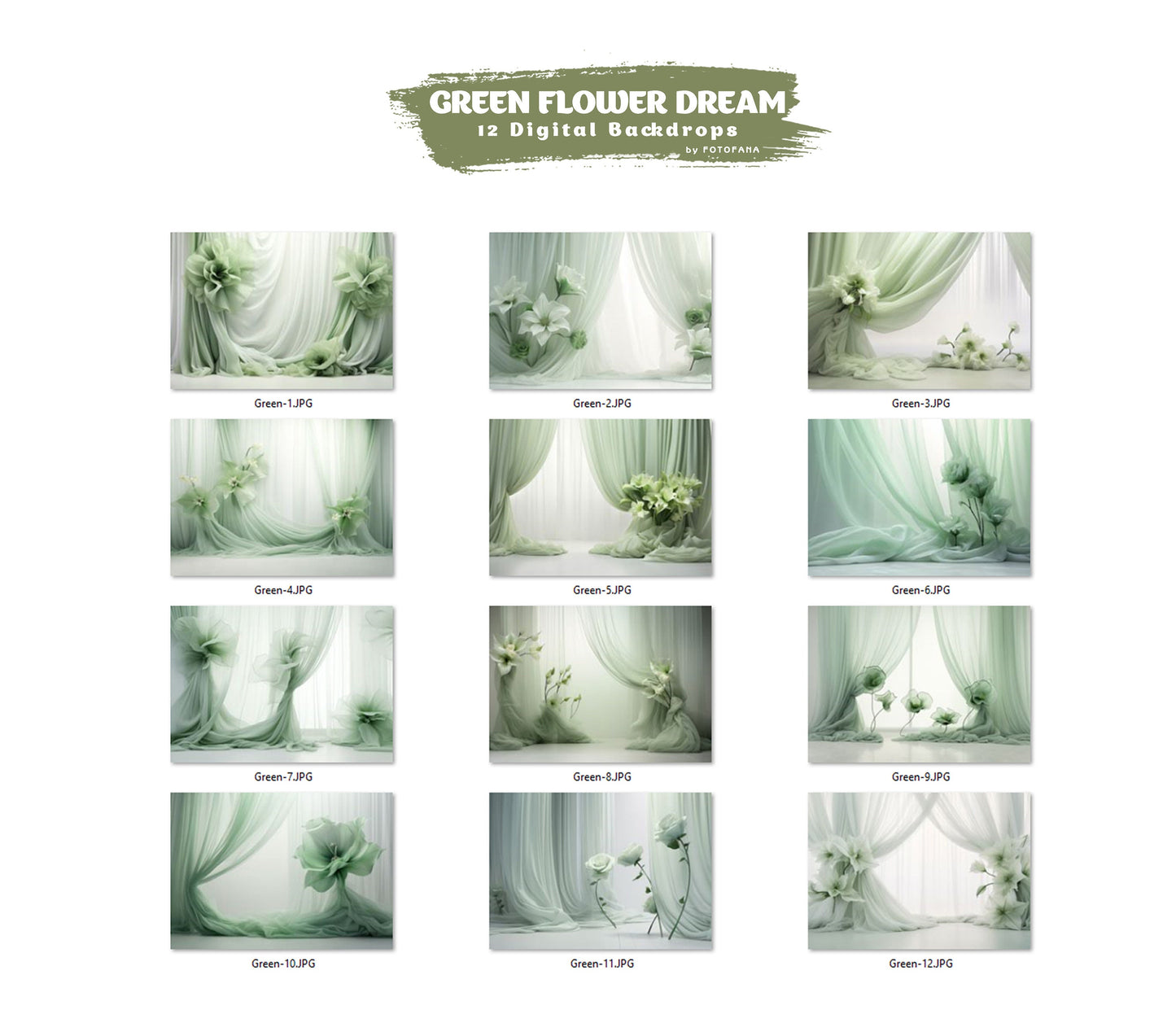 12 Green Flower Dream Floral Digital Backdrop Maternity Overlays Silk Digital Backdrops Photoshop Digital Tulle Overlays Fabric Backdrop