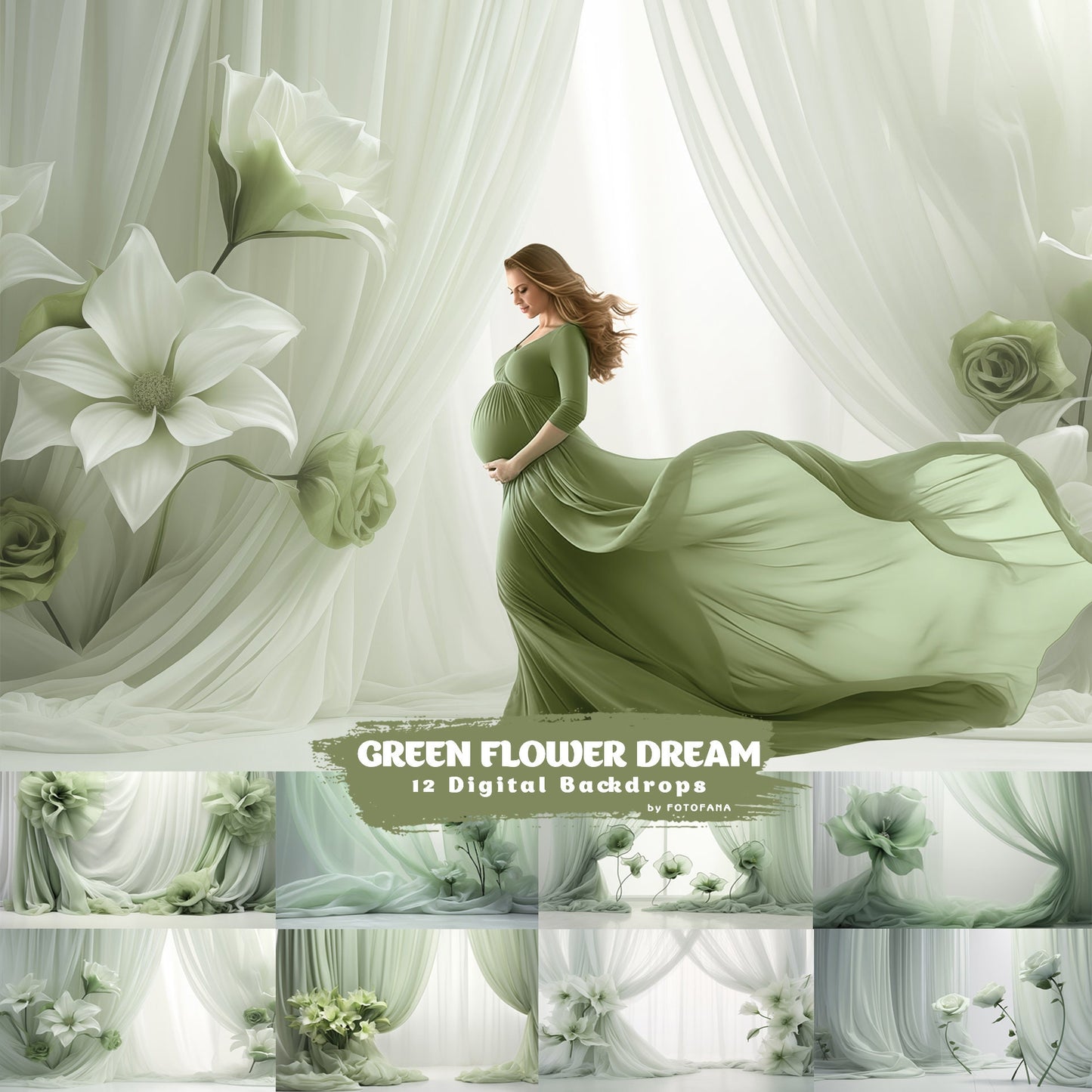 12 Green Flower Dream Floral Digital Backdrop Maternity Overlays Silk Digital Backdrops Photoshop Digital Tulle Overlays Fabric Backdrop