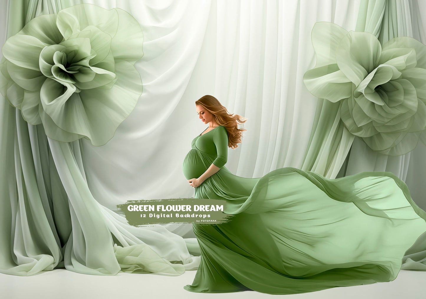 12 Green Flower Dream Floral Digital Backdrop Maternity Overlays Silk Digital Backdrops Photoshop Digital Tulle Overlays Fabric Backdrop