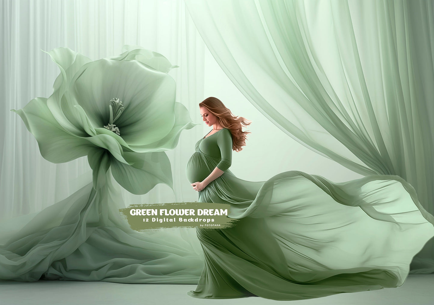 12 Green Flower Dream Floral Digital Backdrop Maternity Overlays Silk Digital Backdrops Photoshop Digital Tulle Overlays Fabric Backdrop