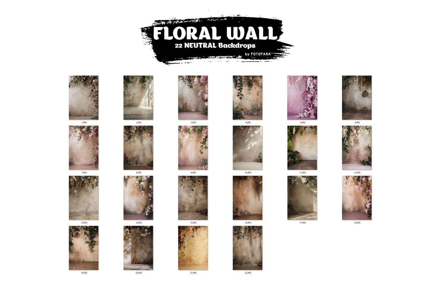 22 FLORAL WALL Backgrounds Neutral Digital Backdrops Overlay Maternity Backdrop Digital Floral Overlays Newborn Studio Backdrops Photoshop