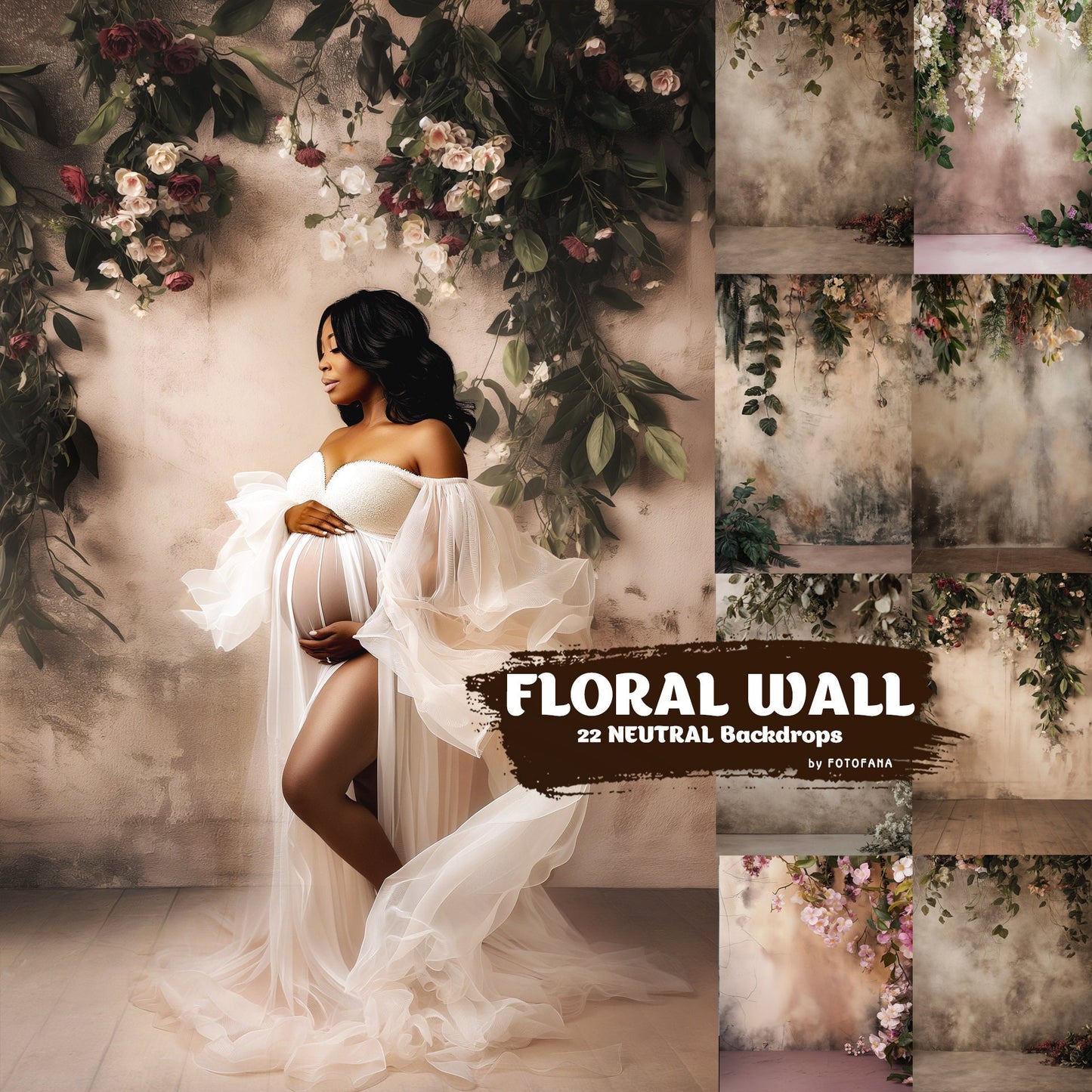 22 FLORAL WALL Backgrounds Neutral Digital Backdrops Overlay Maternity Backdrop Digital Floral Overlays Newborn Studio Backdrops Photoshop