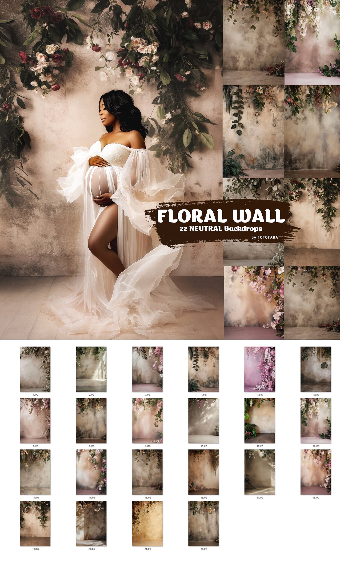 22 FLORAL WALL Backgrounds Neutral Digital Backdrops Overlay Maternity Backdrop Digital Floral Overlays Newborn Studio Backdrops Photoshop