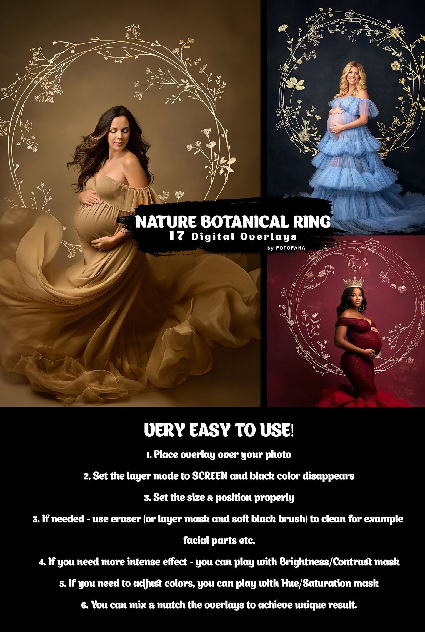 NATURE BOTANICAL RING Set Floral Maternity rings Overlays Gold Maternity Overlays Backdrops Halo Ring Circles Maternity Backgrounds Fine Art