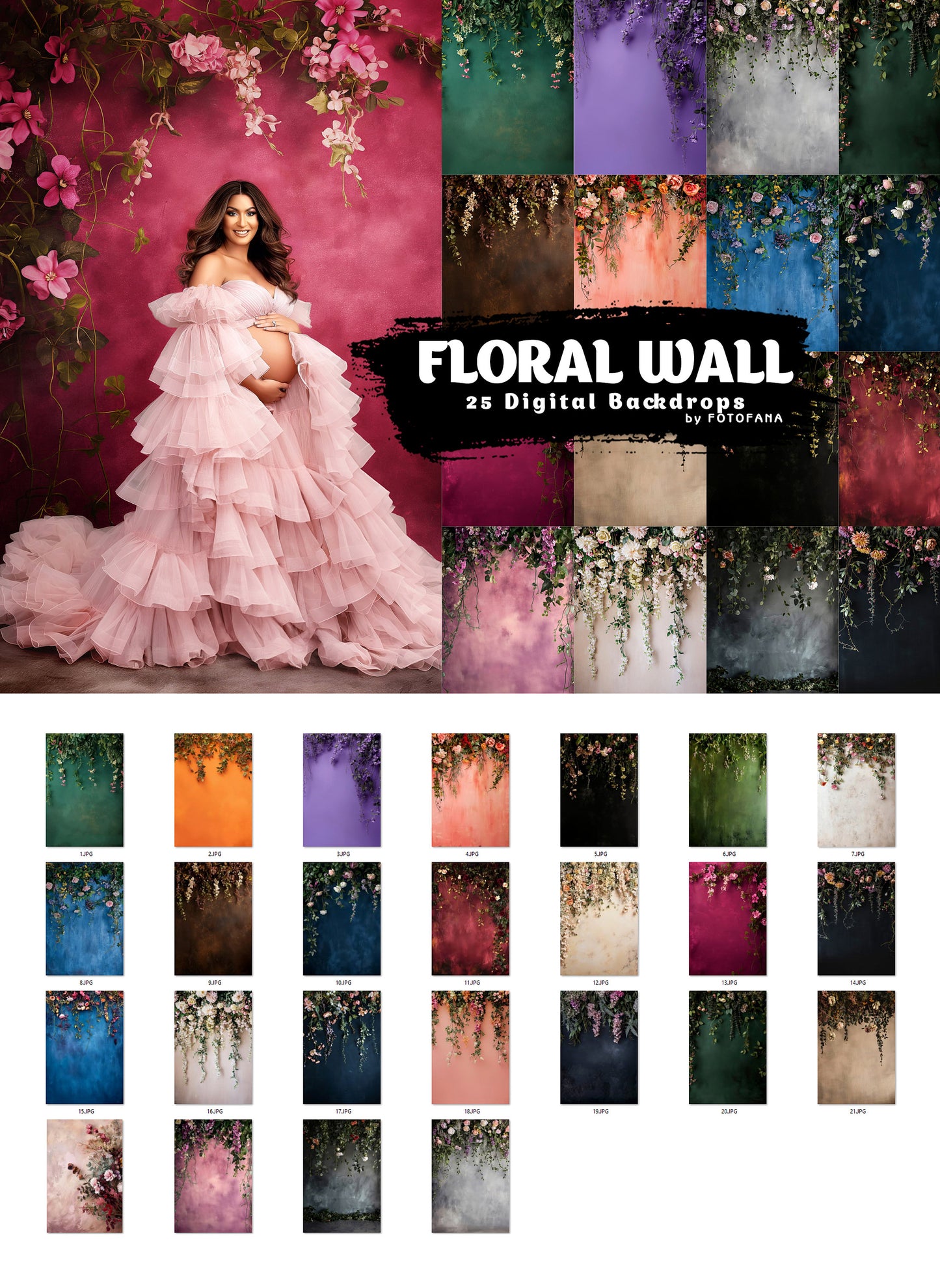 FLORAL WALL Digital Backdrops Floral Overlays Maternity Backdrop Digital Studio Backdrop for Photoshop Overlays Floral Overlays Art Newborn
