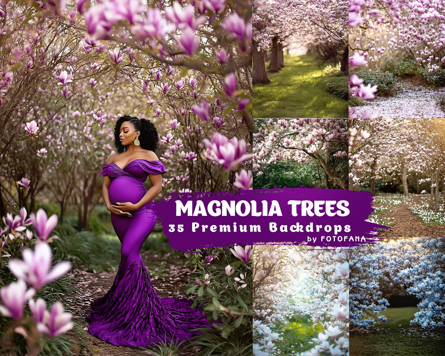 Maternity photo in purple gown under blooming magnolia trees – spring floral outdoor digital backdrop
