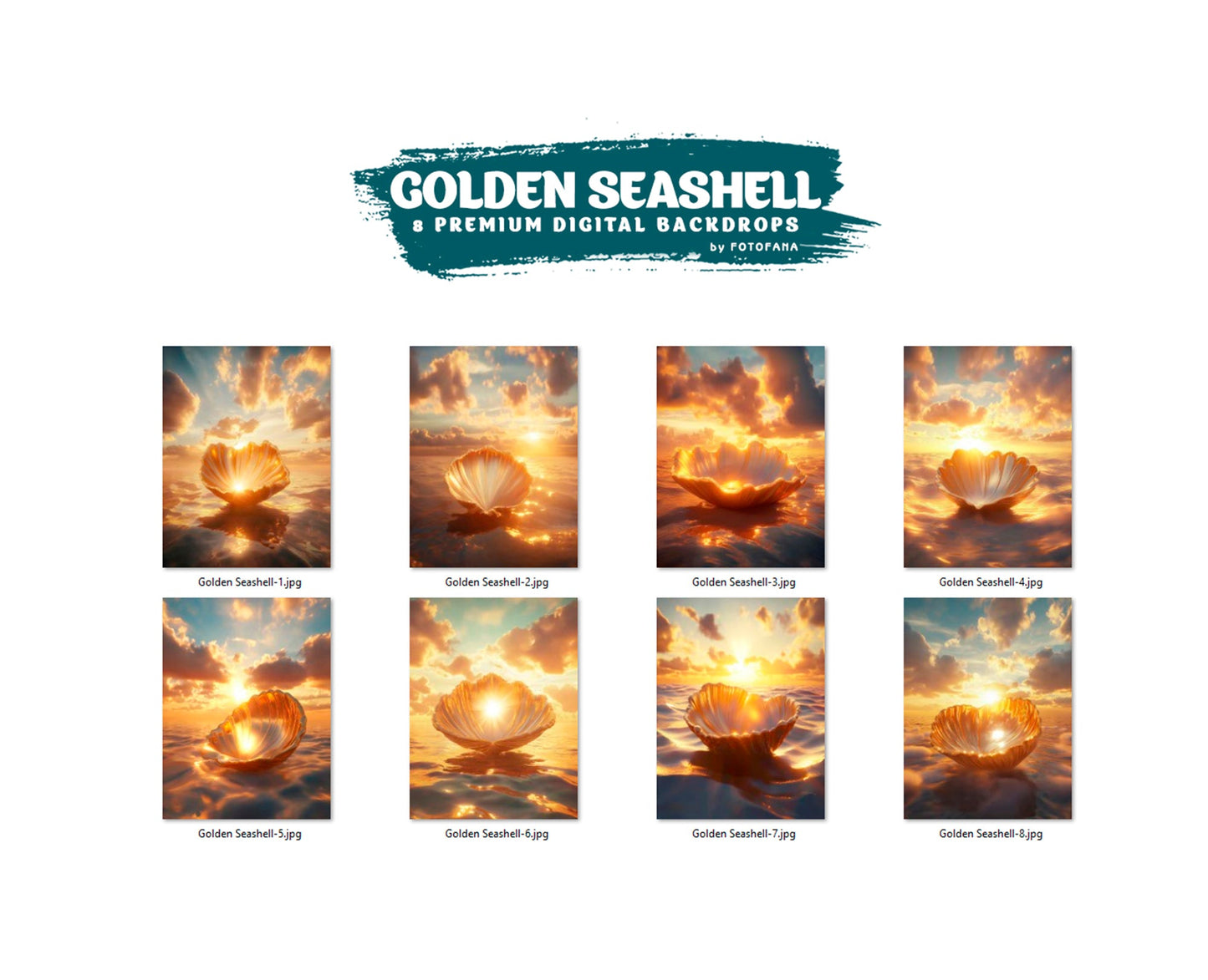 Open golden seashell floating on water under dramatic sky – fantasy background for portraits