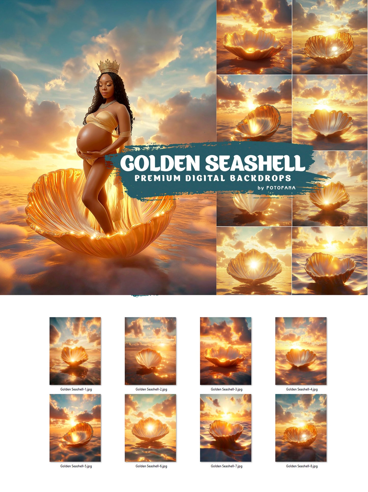 Sunset over sea with golden shell reflections – dreamy digital photo background