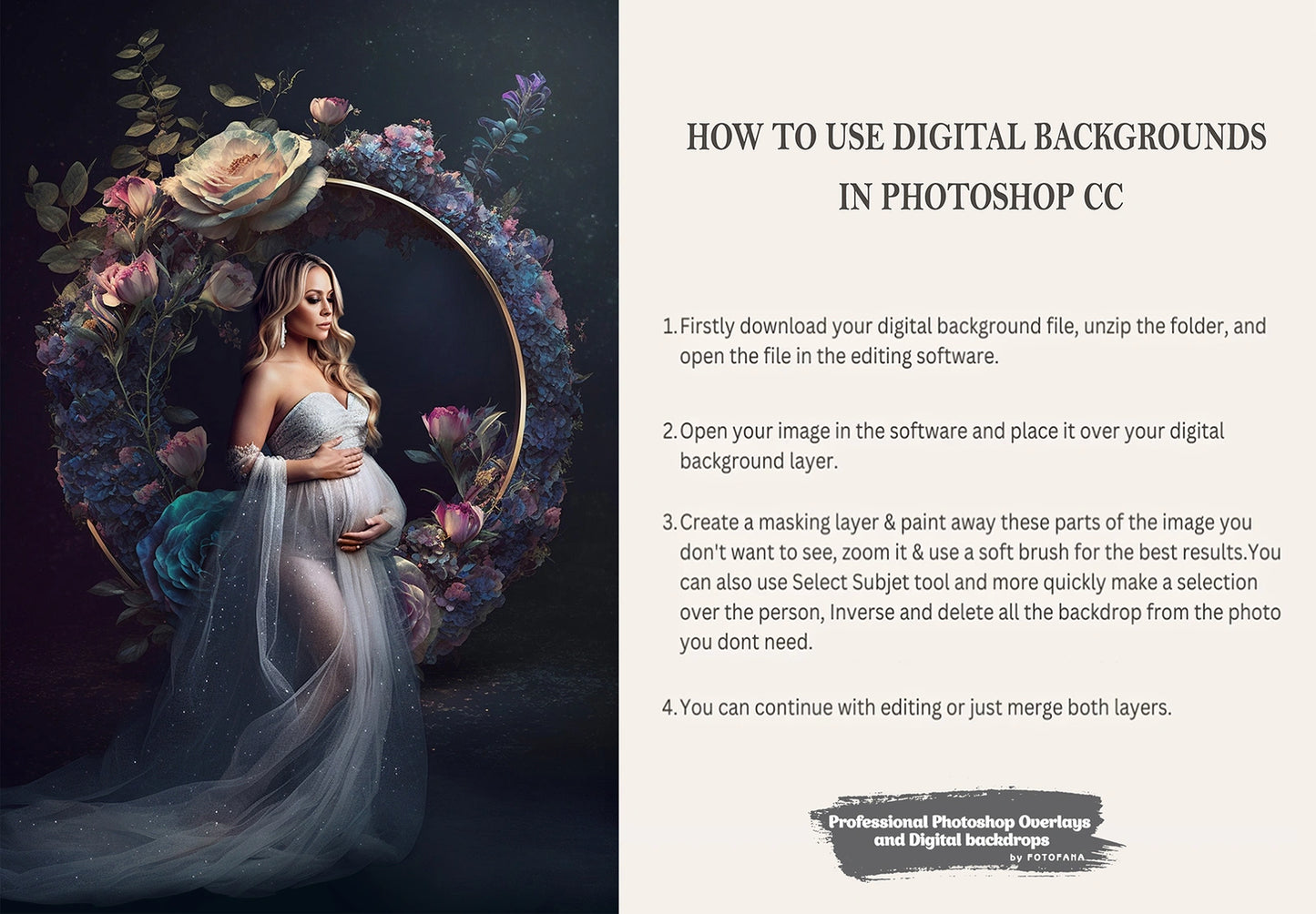 How to use digital backdrops in Photoshop – step-by-step instructions for editing maternity portraits with background overlays