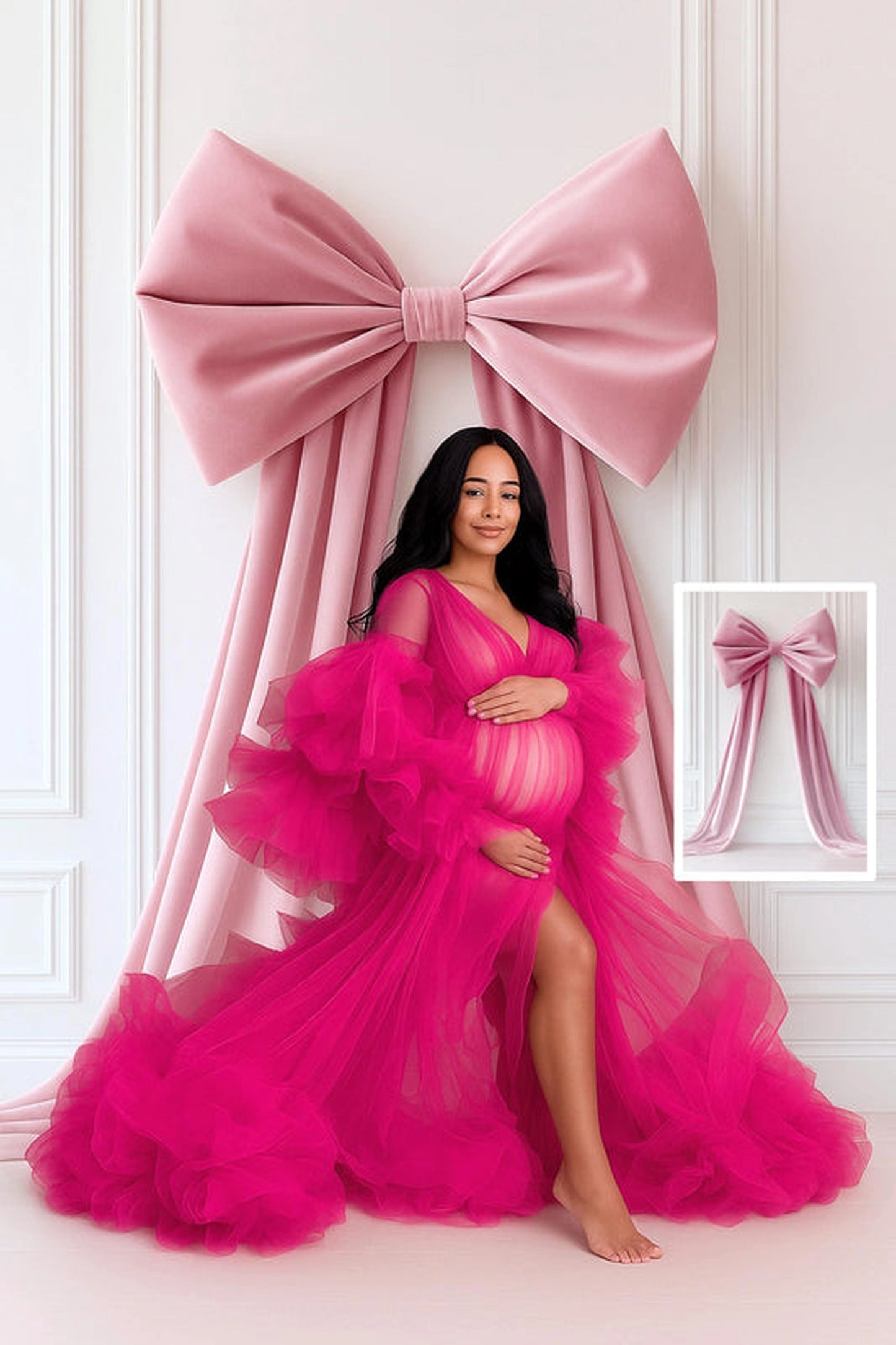Maternity digital backdrop with pink velvet bow and pregnant woman in fuchsia dress