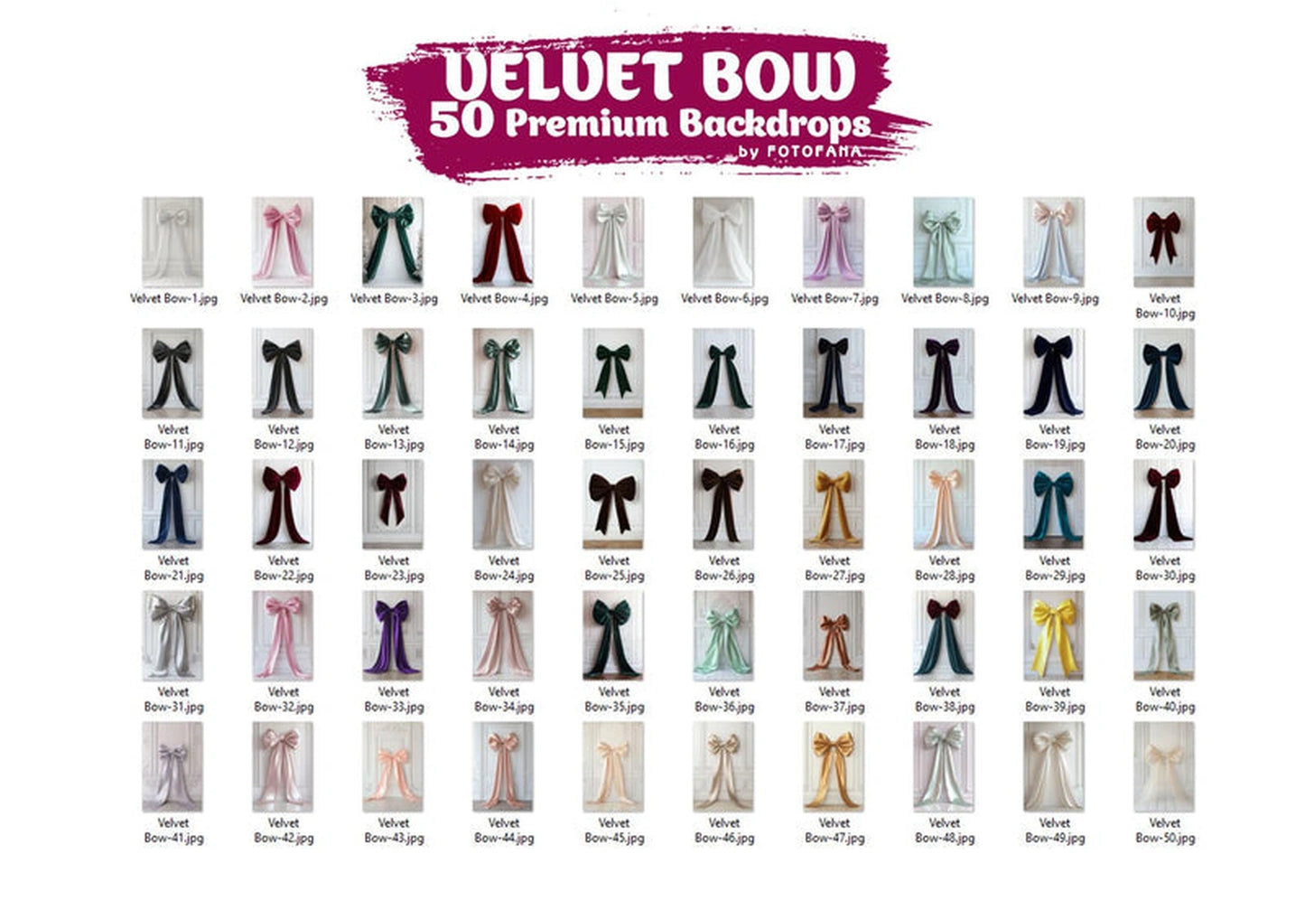 Preview sheet with 50 velvet bow digital photography backdrops