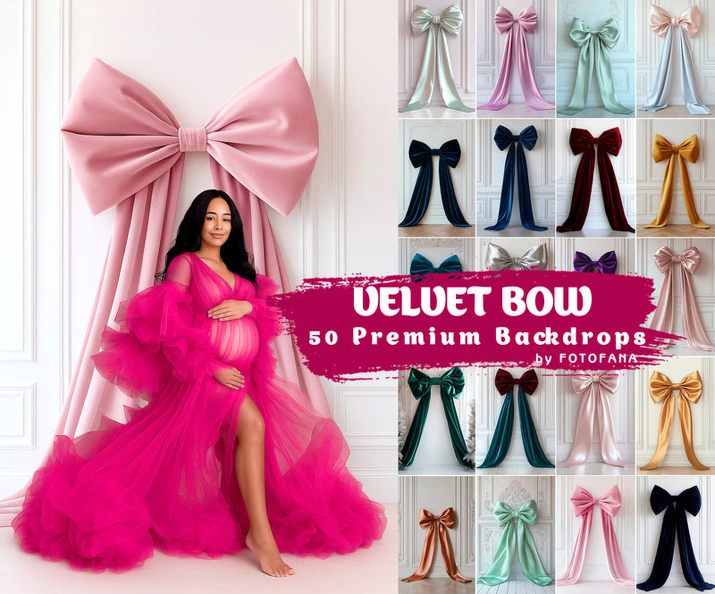 Pregnant woman in pink gown posing with oversized pink velvet bow backdrop
