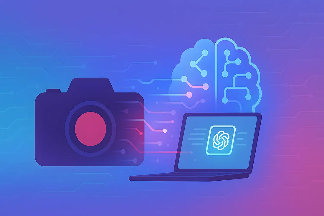 AI illustration showing a camera connected to a brain and laptop with ChatGPT – blog cover for AI tools for photographers in 2025
