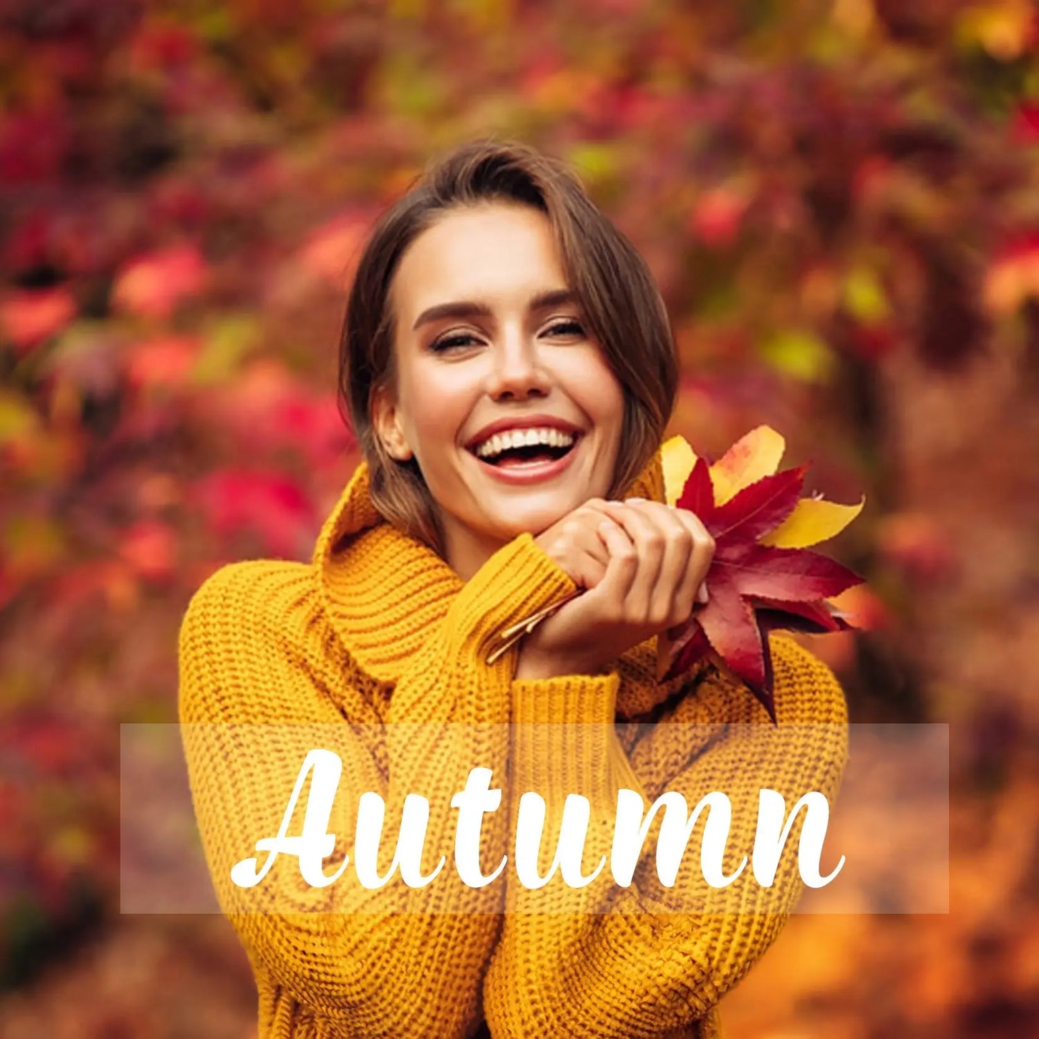 Cover image for Autumn digital backdrops collection featuring a smiling woman in yellow sweater holding colorful fall leaves